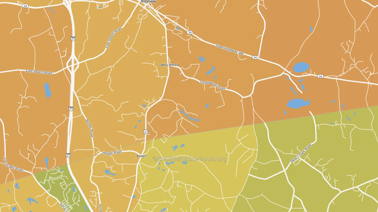 Map of the best neighborhoods in the Smallwood area, with better matches in green and worse matches in red