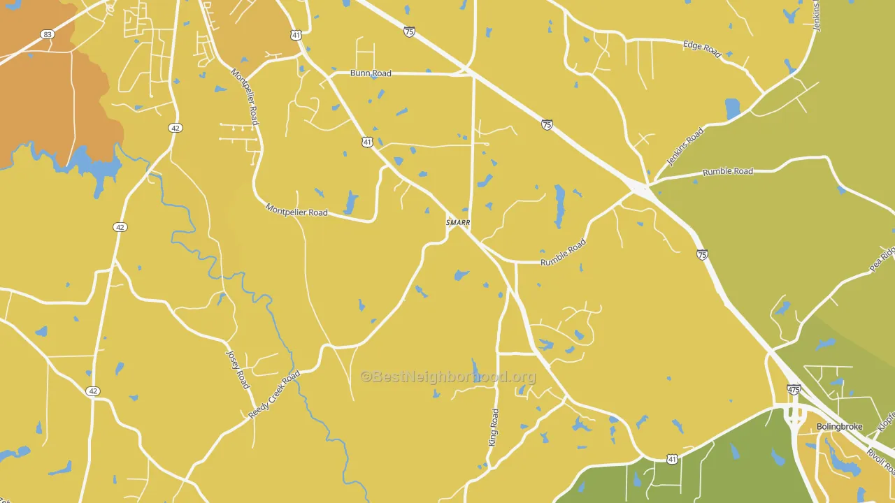Map of the best neighborhoods in the Smarr area, with better matches in green and worse matches in red