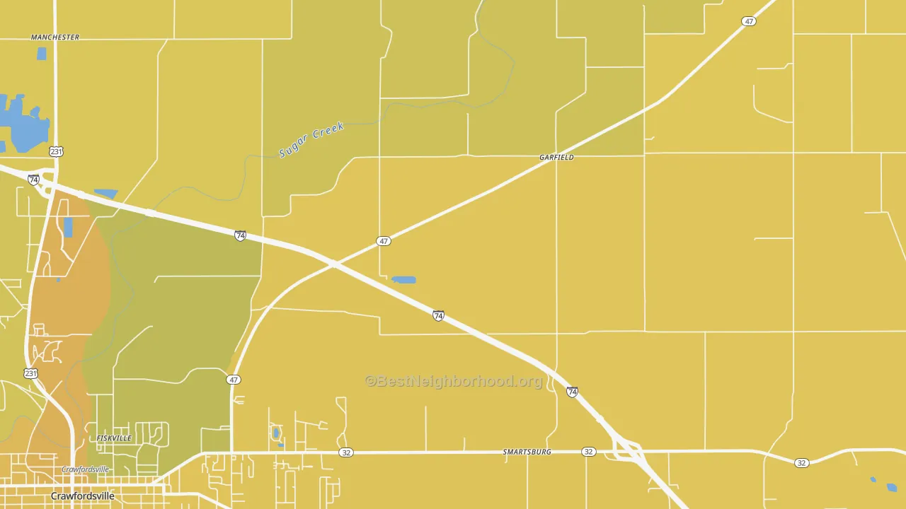 Map of the best neighborhoods in the Smartsburg area, with better matches in green and worse matches in red