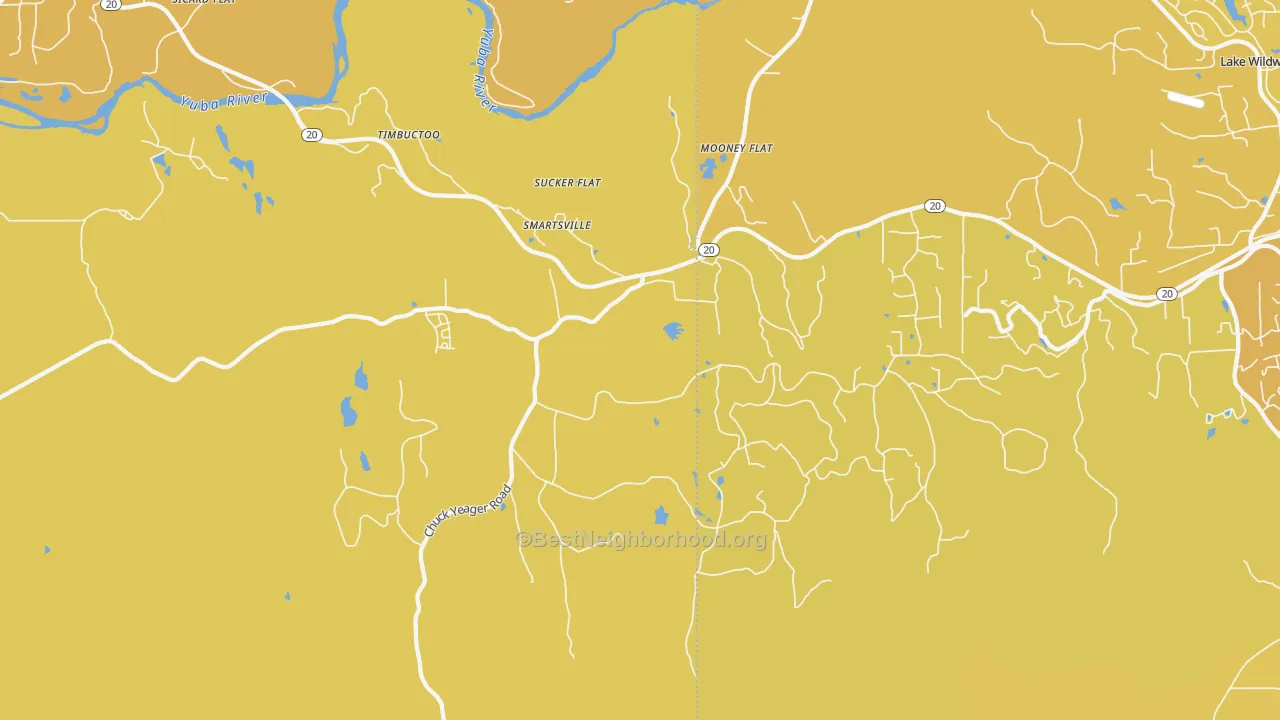 Map of the best neighborhoods in the Smartville area, with better matches in green and worse matches in red