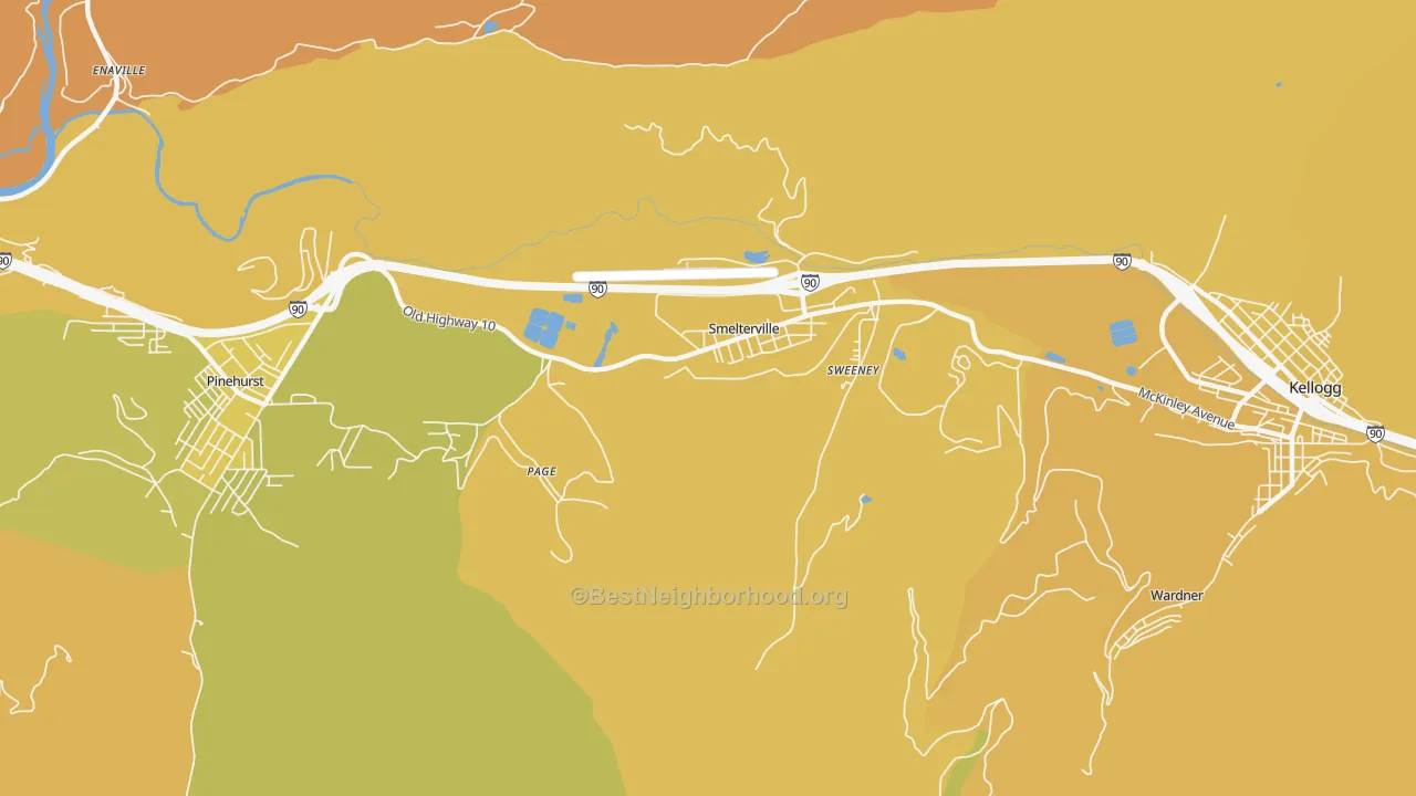 Map of the best neighborhoods in the Smelterville area, with better matches in green and worse matches in red