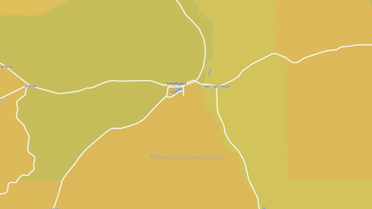 Map of the best neighborhoods in the Smethport area, with better matches in green and worse matches in red