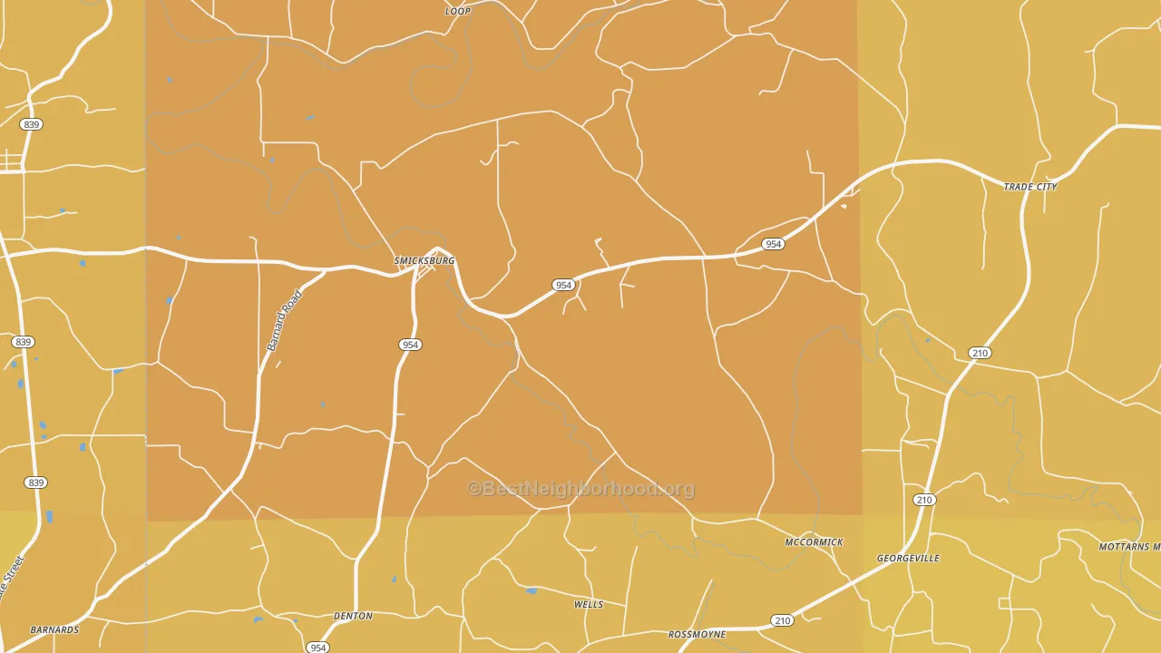 Map of the best neighborhoods in the Smicksburg area, with better matches in green and worse matches in red