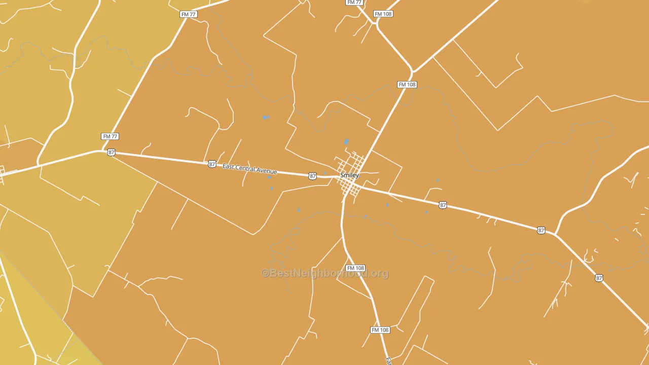 Map of the best neighborhoods in the Smiley area, with better matches in green and worse matches in red