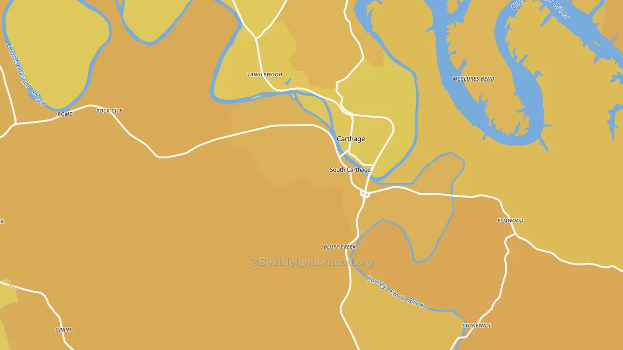 Map of the best neighborhoods in the Smith County area, with better matches in green and worse matches in red