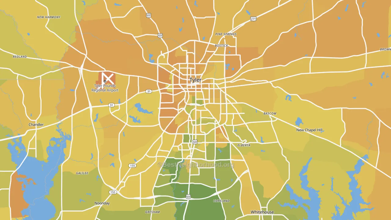 Map of the best neighborhoods in the Smith County area, with better matches in green and worse matches in red