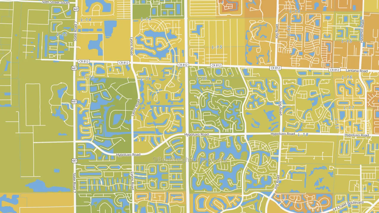 Map of the best neighborhoods in the Smith Dairy West, Lake Worth area, with better matches in green and worse matches in red