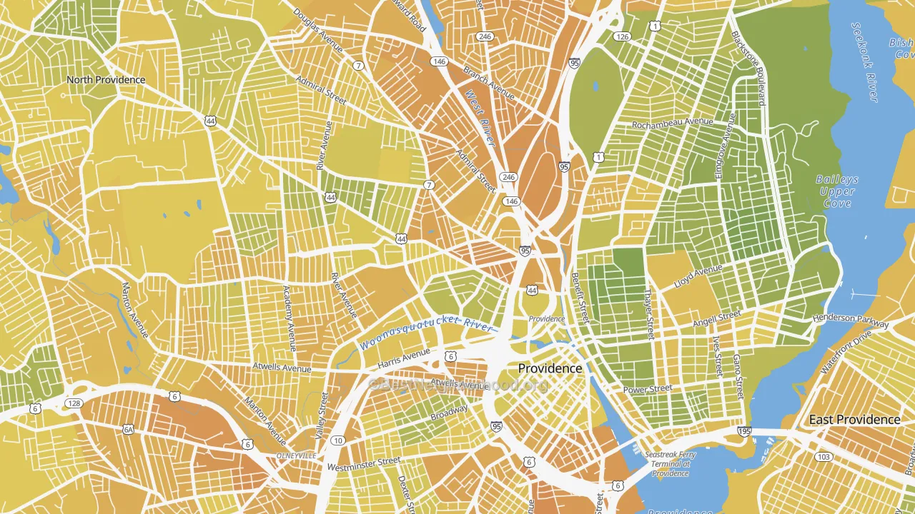 Map of the best neighborhoods in the Smith Hill, Providence area, with better matches in green and worse matches in red