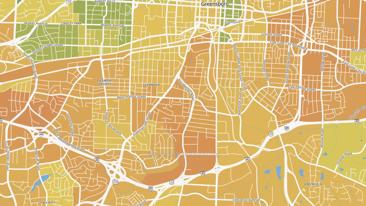 Map of the best neighborhoods in the Smith Homes, Greensboro area, with better matches in green and worse matches in red