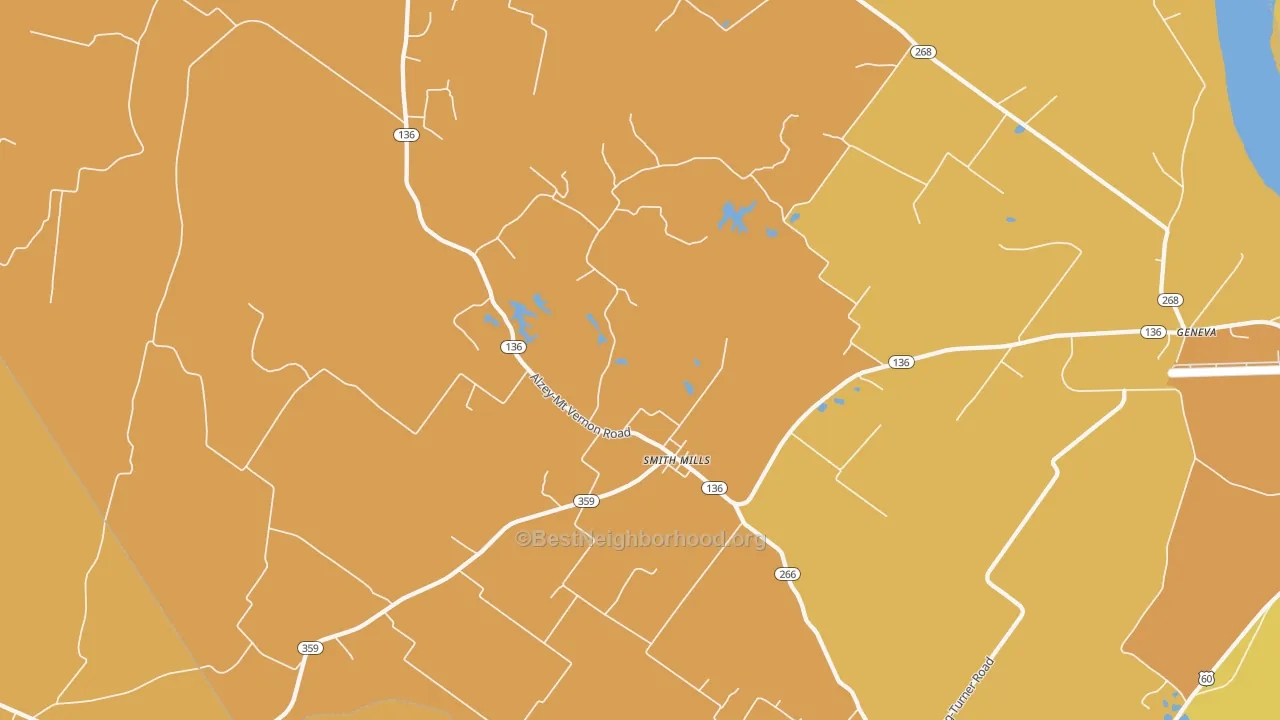 Map of the best neighborhoods in the Smith Mills area, with better matches in green and worse matches in red