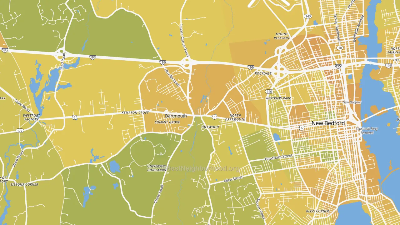 Map of the best neighborhoods in the Smith Mills area, with better matches in green and worse matches in red