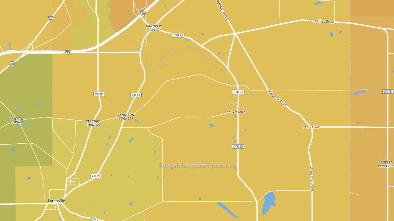 Map of the best neighborhoods in the Smith Mills area, with better matches in green and worse matches in red