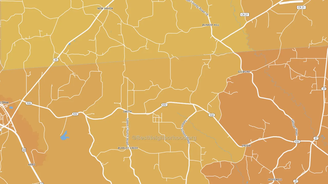 Map of the best neighborhoods in the Smith area, with better matches in green and worse matches in red
