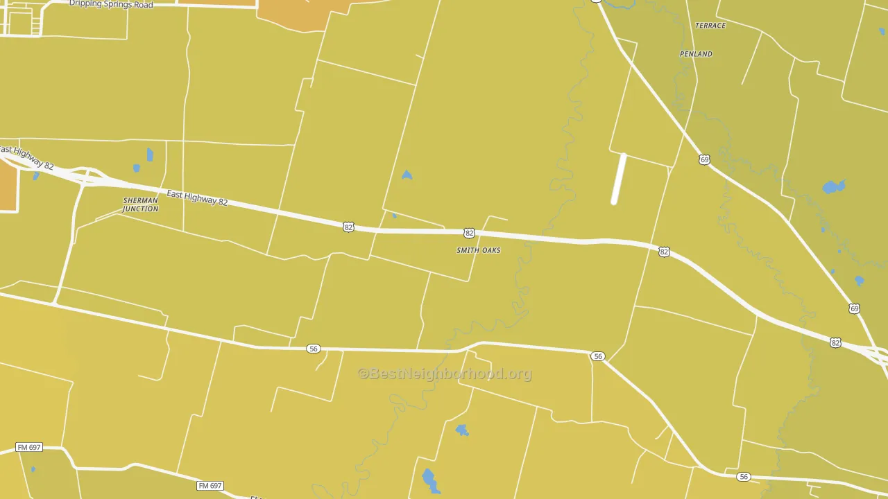 Map of the best neighborhoods in the Smith Oaks area, with better matches in green and worse matches in red