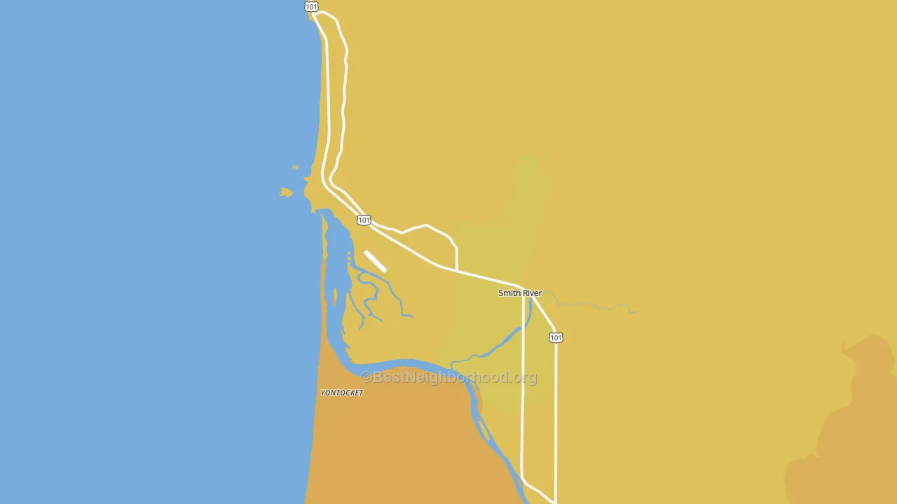Map of the best neighborhoods in the Smith River area, with better matches in green and worse matches in red