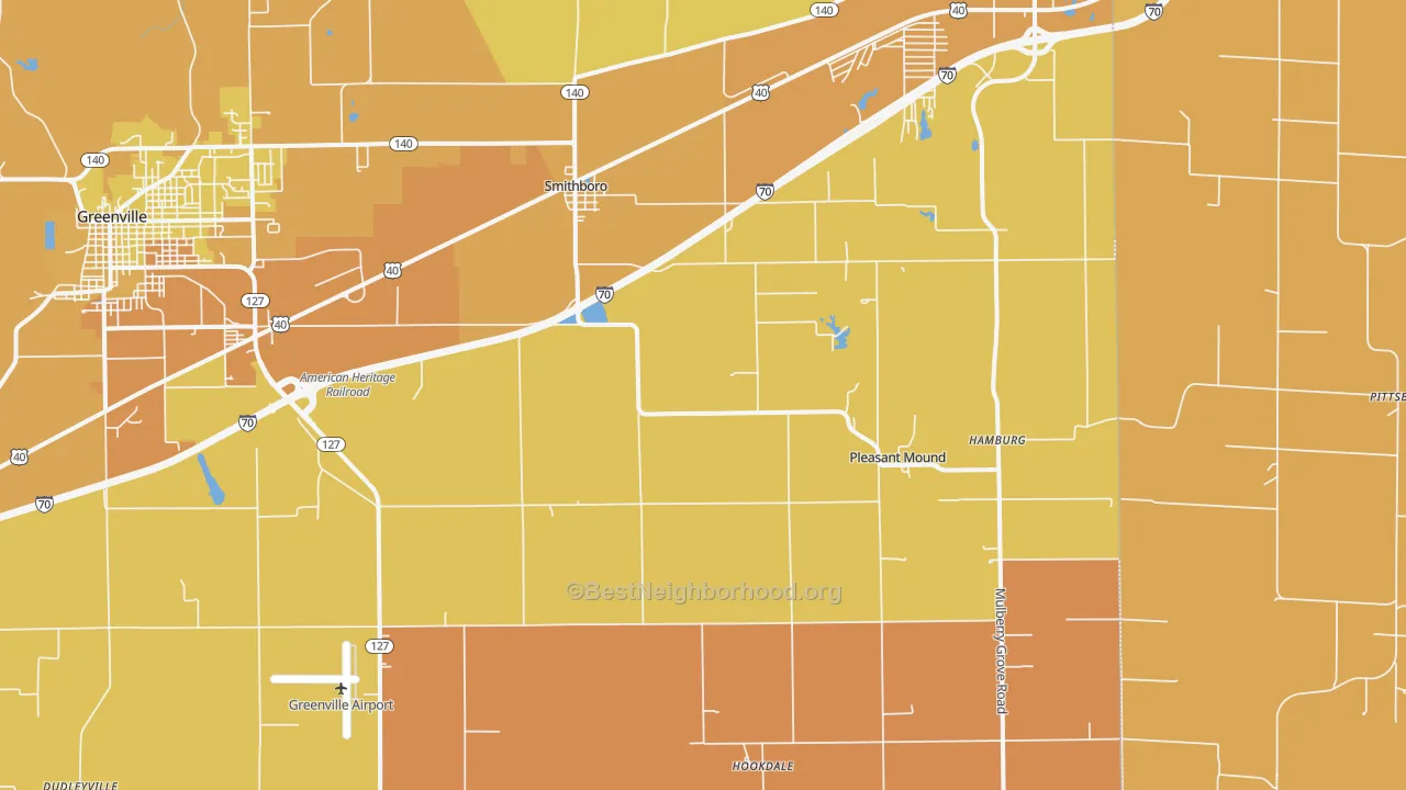 Map of the best neighborhoods in the Smithboro area, with better matches in green and worse matches in red