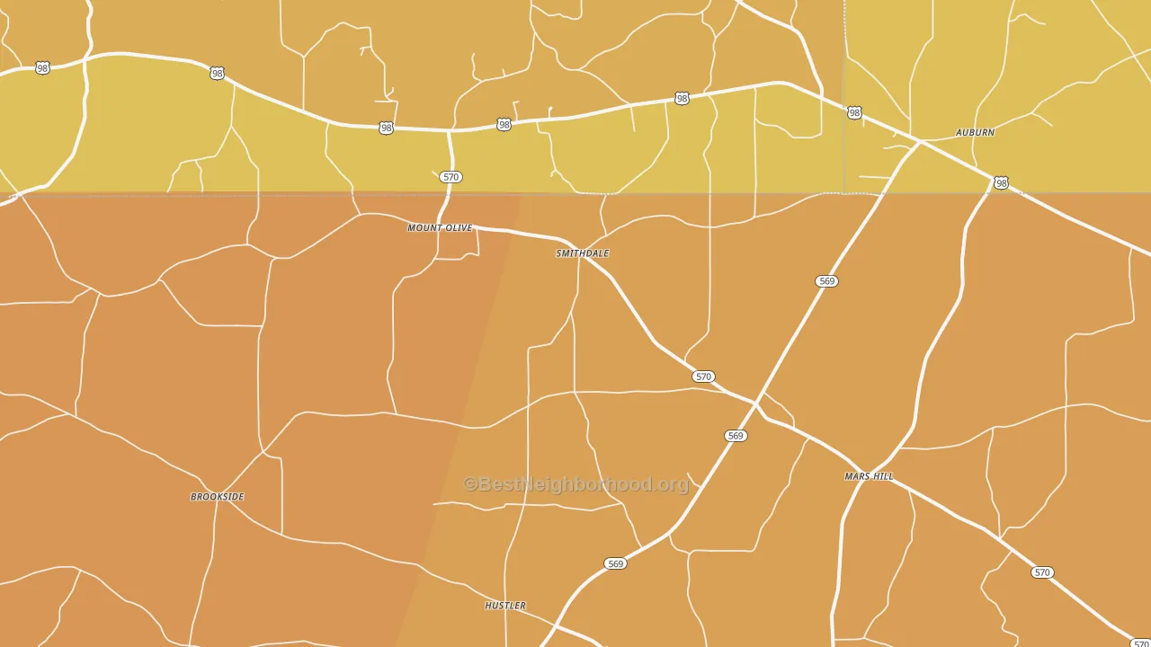 Map of the best neighborhoods in the Smithdale area, with better matches in green and worse matches in red