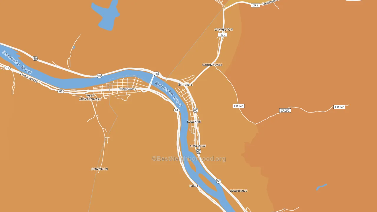 Map of the best neighborhoods in the Smithers area, with better matches in green and worse matches in red