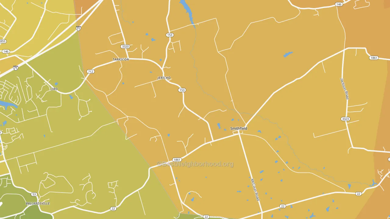 Map of the best neighborhoods in the Smithfield area, with better matches in green and worse matches in red