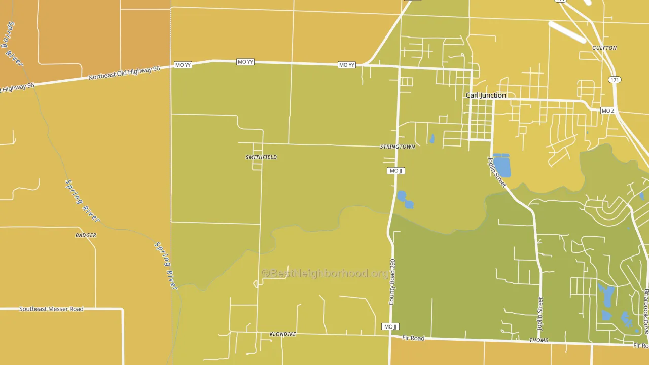Map of the best neighborhoods in the Smithfield area, with better matches in green and worse matches in red