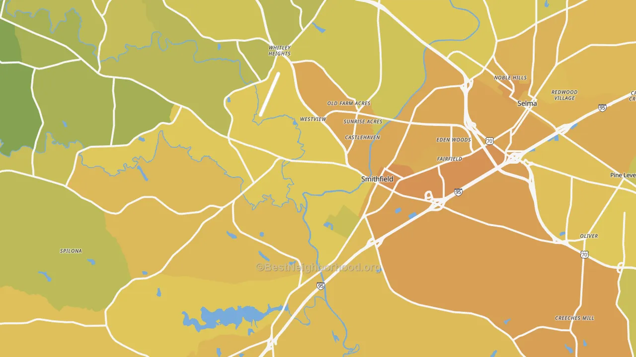 Map of the best neighborhoods in the Smithfield area, with better matches in green and worse matches in red