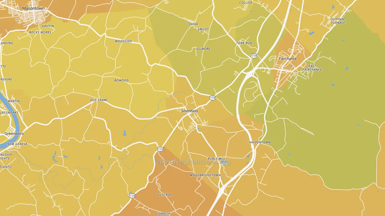 Map of the best neighborhoods in the Smithfield area, with better matches in green and worse matches in red