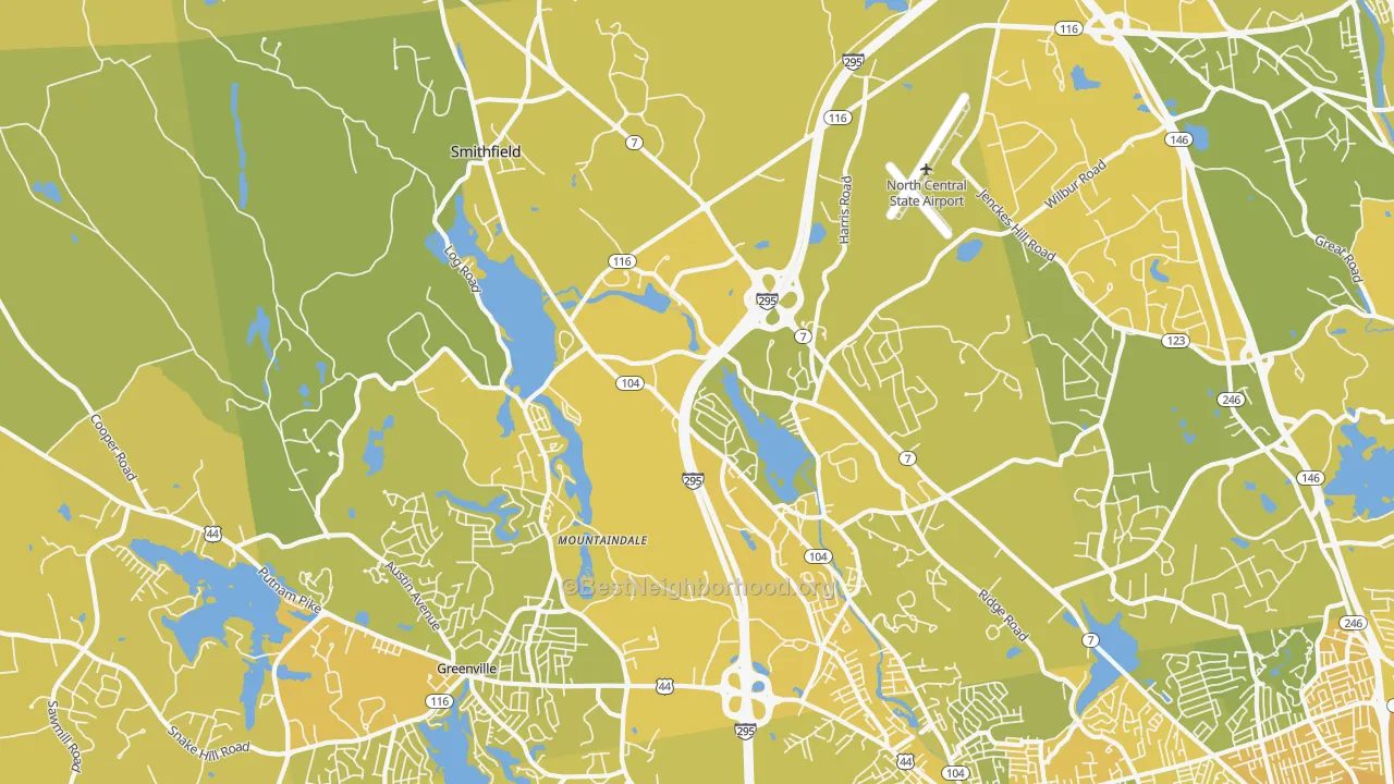 Map of the best neighborhoods in the Smithfield area, with better matches in green and worse matches in red