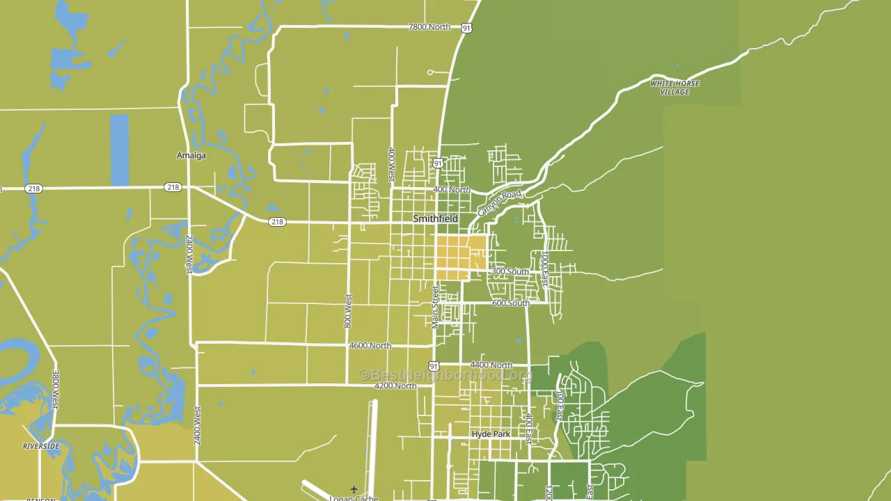 Map of the best neighborhoods in the Smithfield area, with better matches in green and worse matches in red