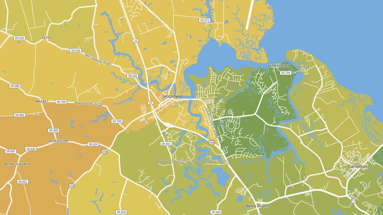 Map of the best neighborhoods in the Smithfield area, with better matches in green and worse matches in red