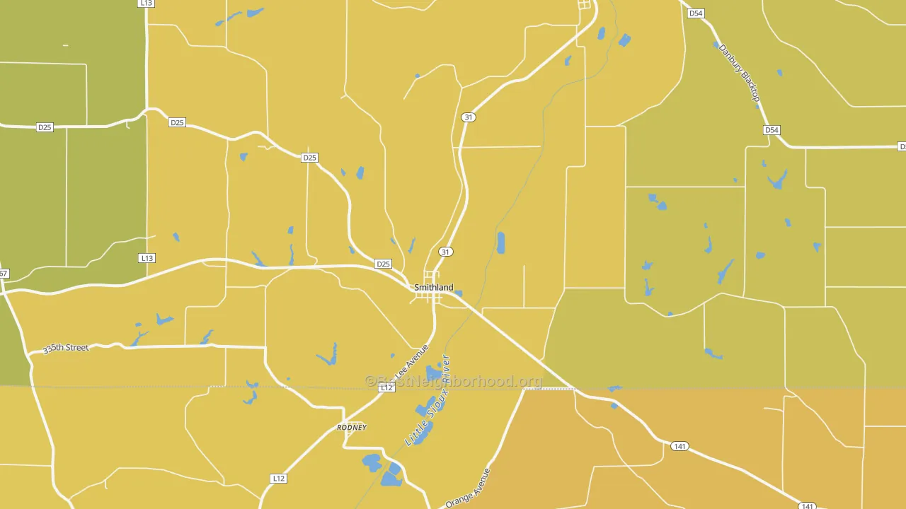 Map of the best neighborhoods in the Smithland area, with better matches in green and worse matches in red