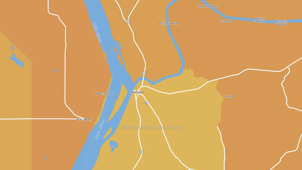 Map of the best neighborhoods in the Smithland area, with better matches in green and worse matches in red