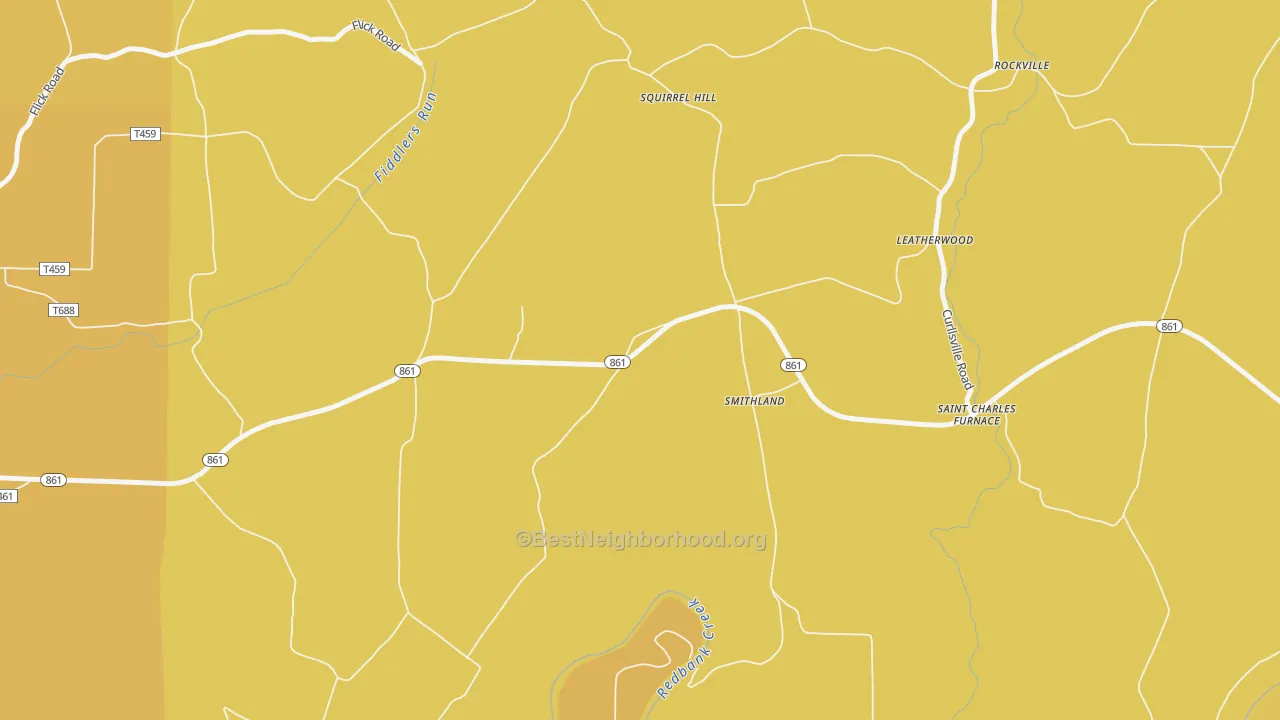 Map of the best neighborhoods in the Smithland area, with better matches in green and worse matches in red