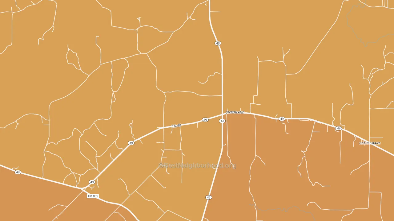 Map of the best neighborhoods in the Smithland area, with better matches in green and worse matches in red