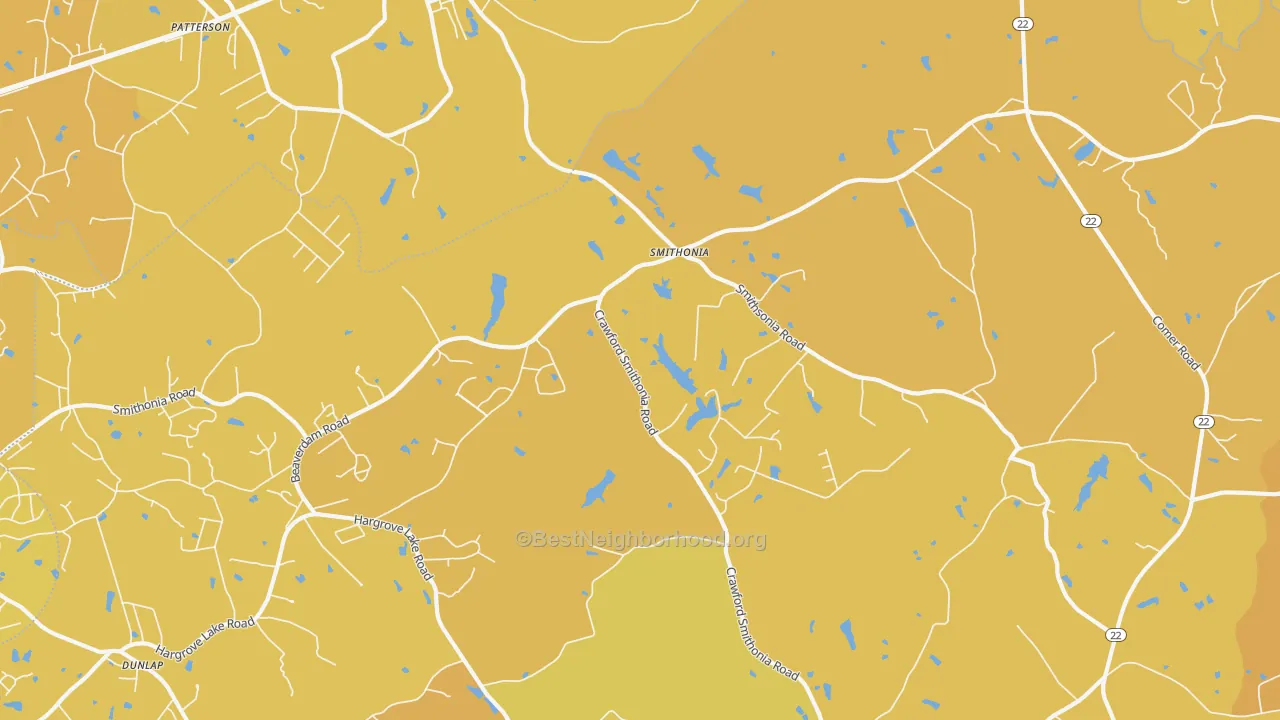 Map of the best neighborhoods in the Smithonia area, with better matches in green and worse matches in red