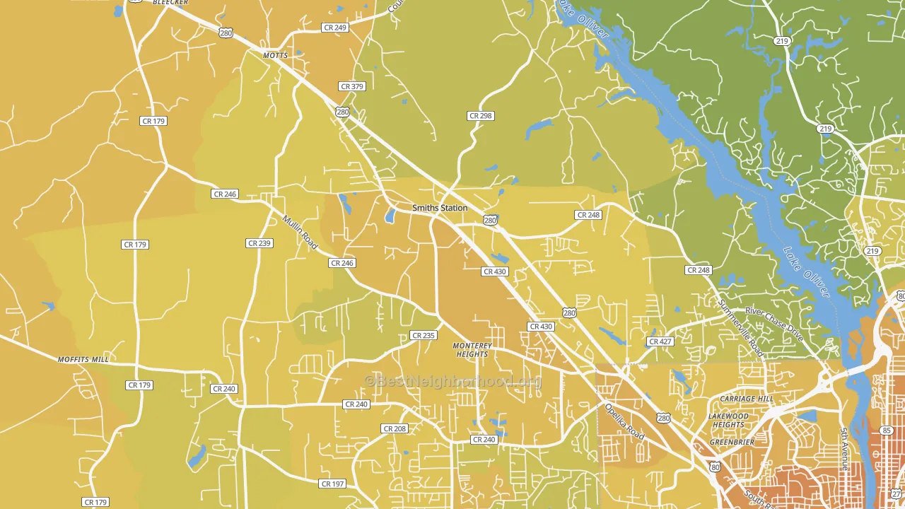 Map of the best neighborhoods in the Smiths area, with better matches in green and worse matches in red