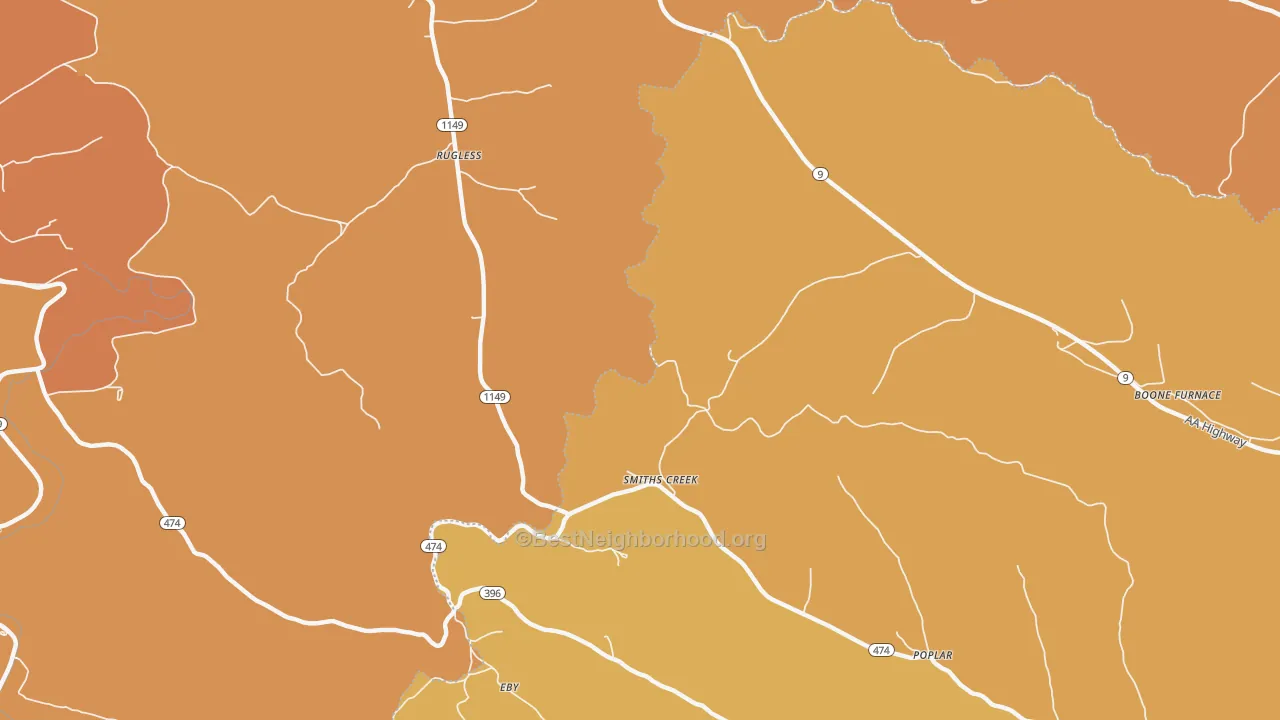 Map of the best neighborhoods in the Smiths Creek area, with better matches in green and worse matches in red