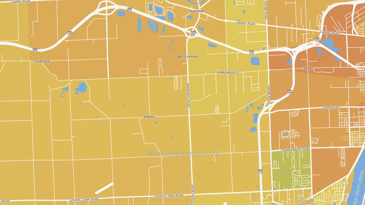 Map of the best neighborhoods in the Smiths Creek area, with better matches in green and worse matches in red