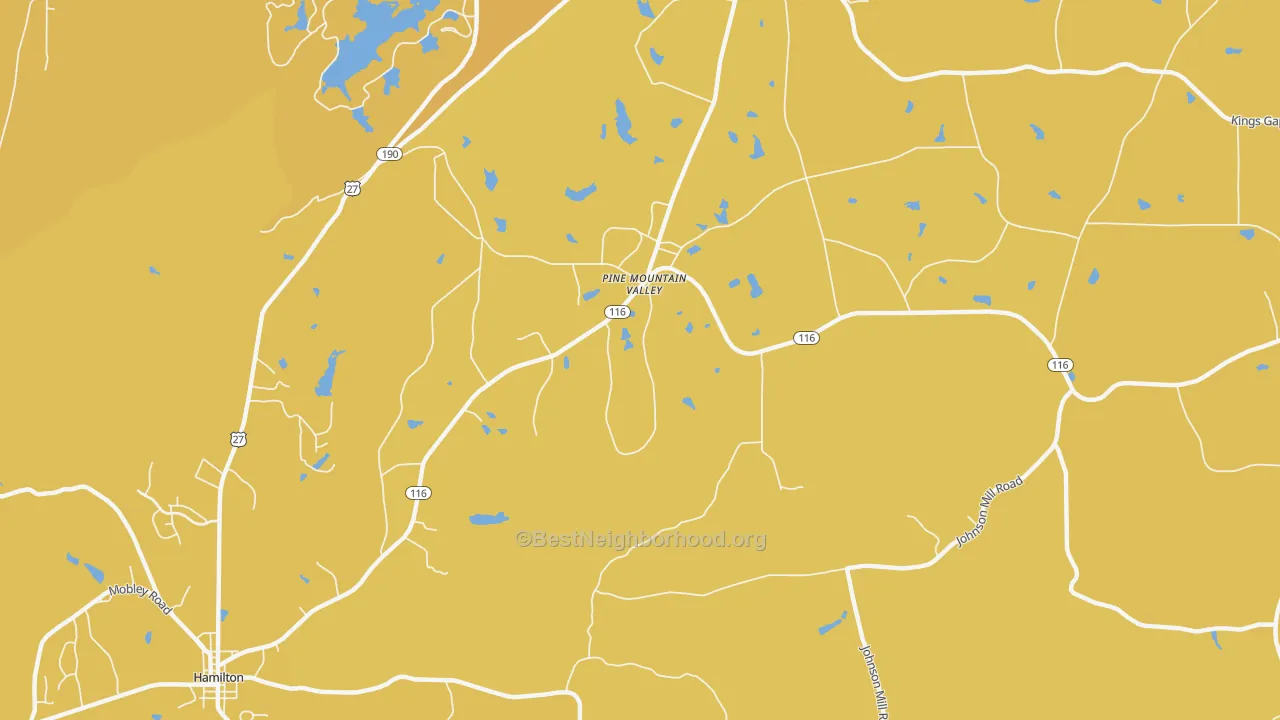 Map of the best neighborhoods in the Smiths Crossroads area, with better matches in green and worse matches in red