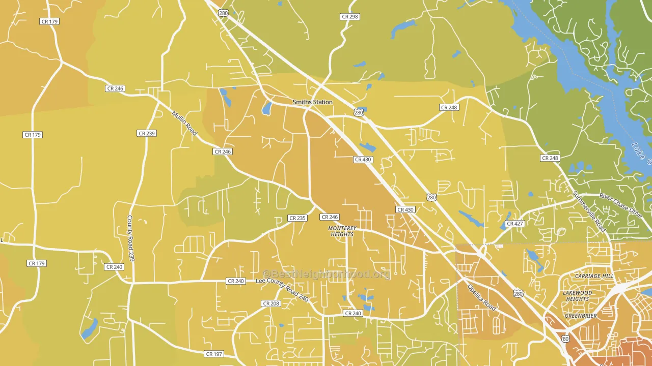 Map of the best neighborhoods in the Smiths Station area, with better matches in green and worse matches in red