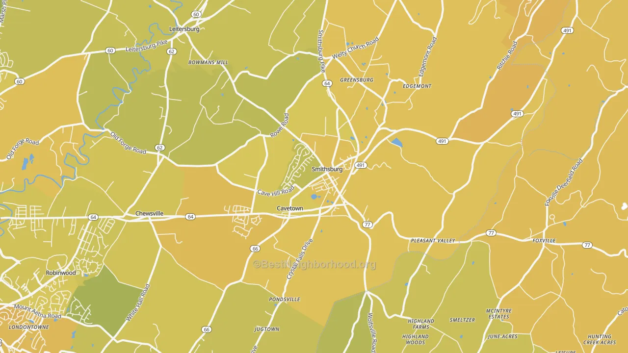 Map of the best neighborhoods in the Smithsburg area, with better matches in green and worse matches in red