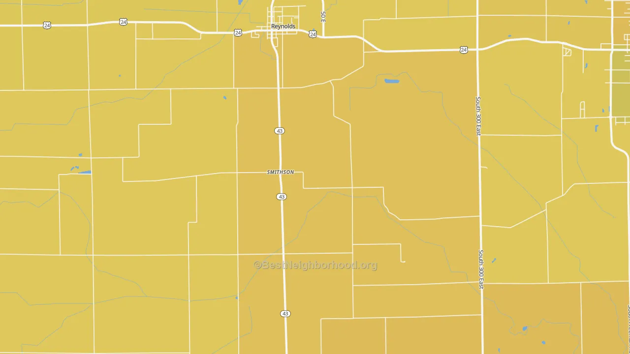 Map of the best neighborhoods in the Smithson area, with better matches in green and worse matches in red