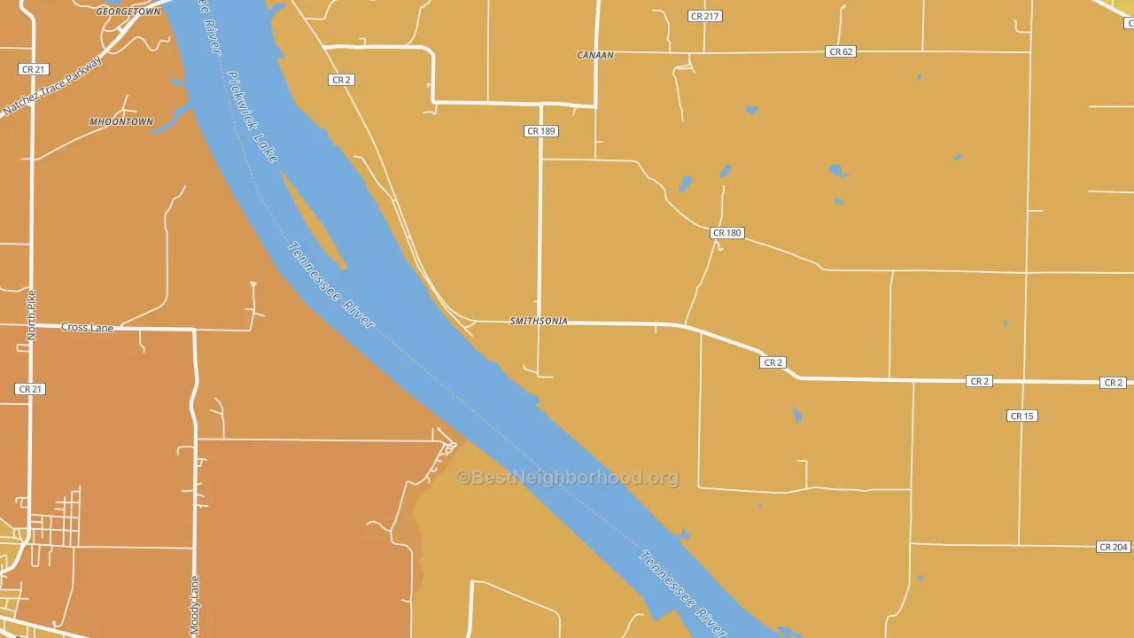 Map of the best neighborhoods in the Smithsonia area, with better matches in green and worse matches in red