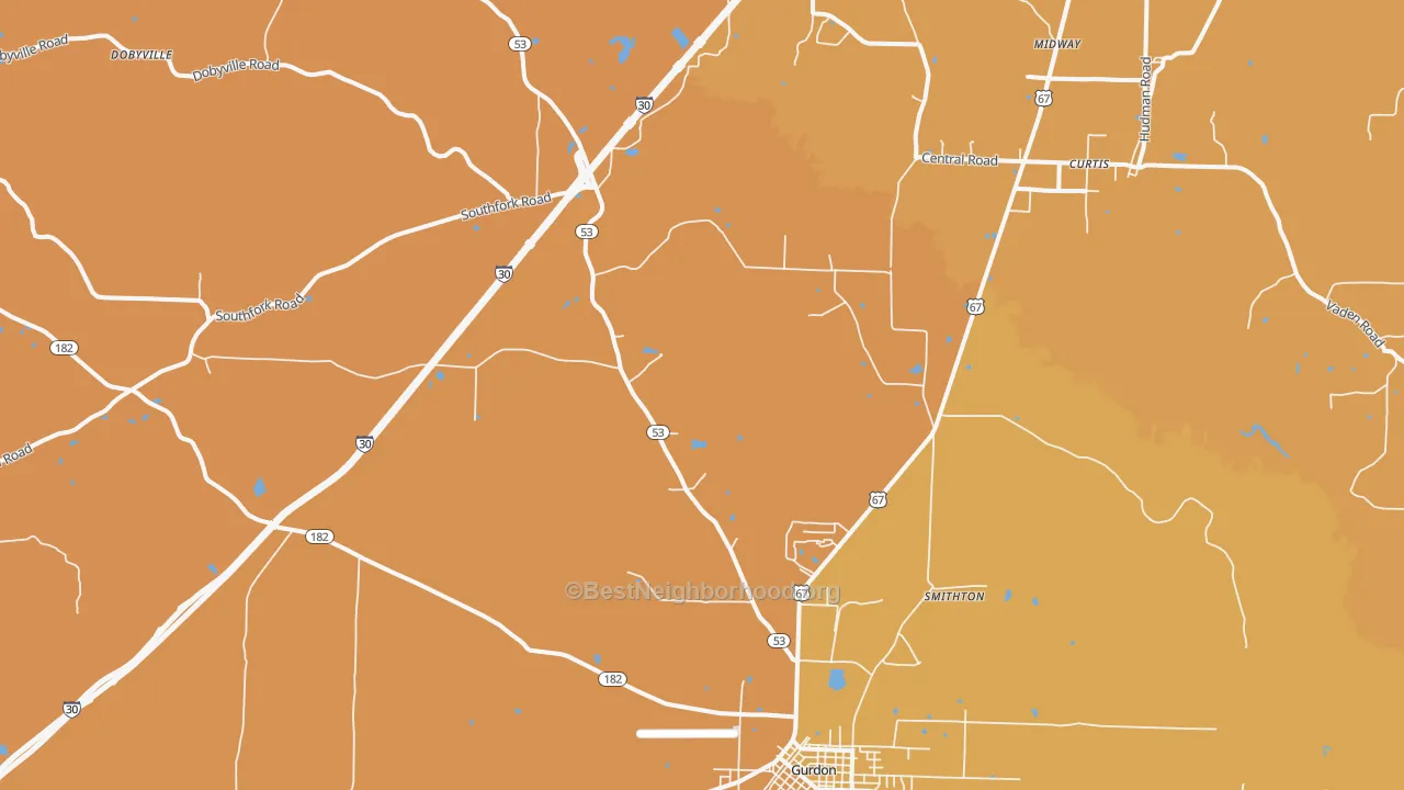 Map of the best neighborhoods in the Smithton area, with better matches in green and worse matches in red