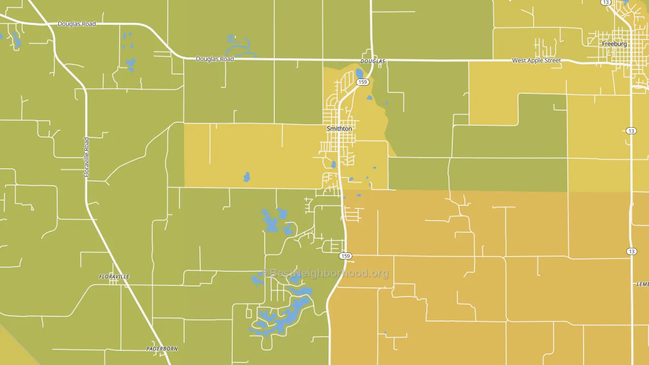 Map of the best neighborhoods in the Smithton area, with better matches in green and worse matches in red