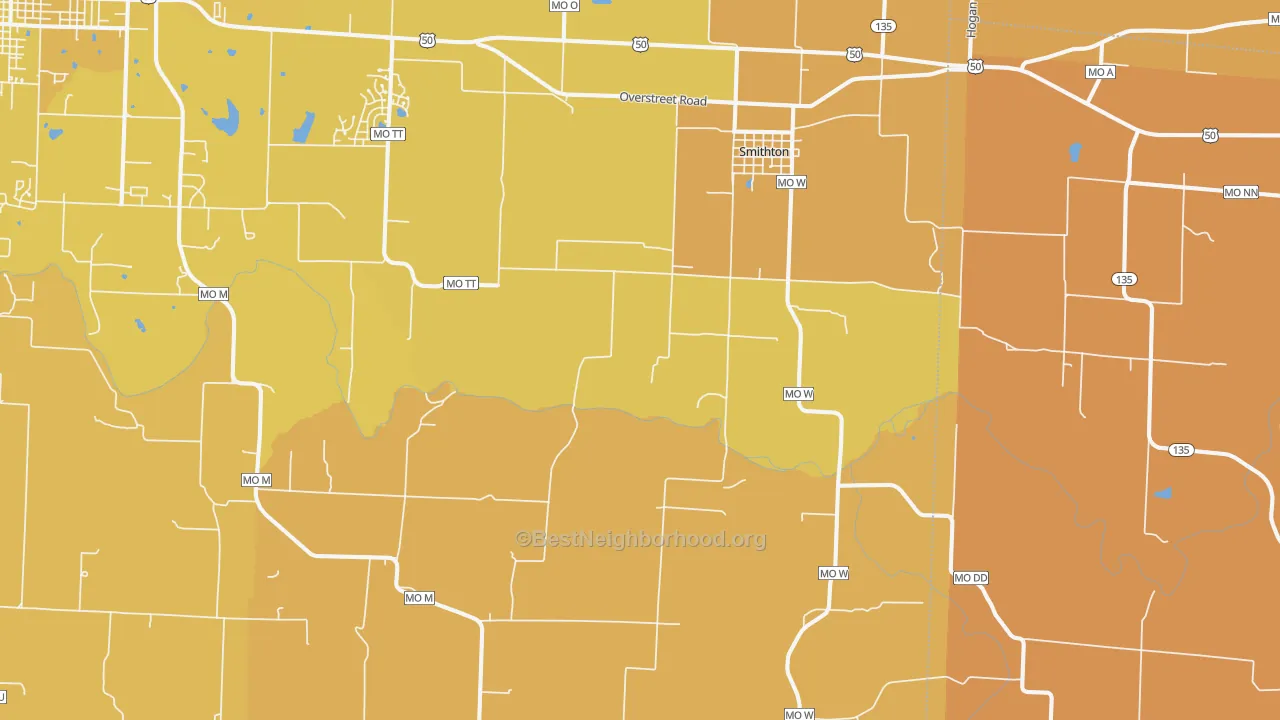 Map of the best neighborhoods in the Smithton area, with better matches in green and worse matches in red