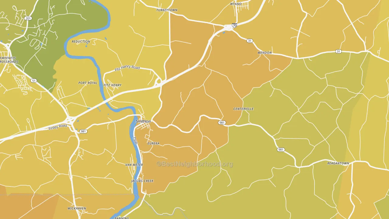 Map of the best neighborhoods in the Smithton area, with better matches in green and worse matches in red