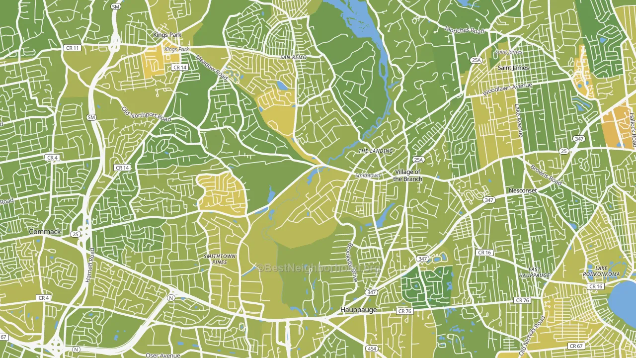 Map of the best neighborhoods in the Smithtown area, with better matches in green and worse matches in red