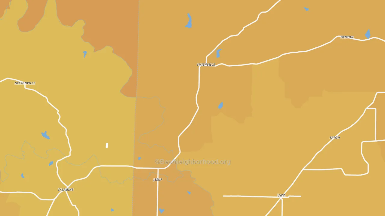 Map of the best neighborhoods in the Smithville area, with better matches in green and worse matches in red