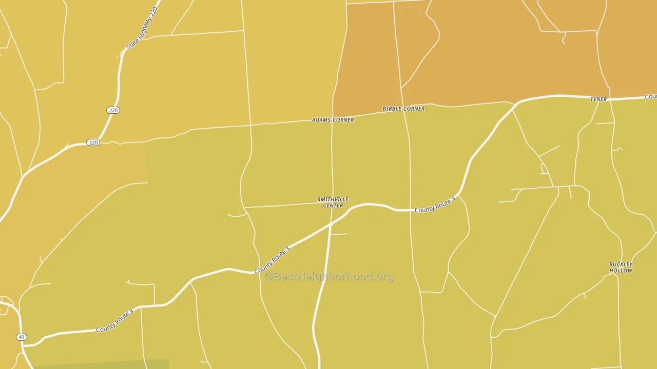 Map of the best neighborhoods in the Smithville Center area, with better matches in green and worse matches in red