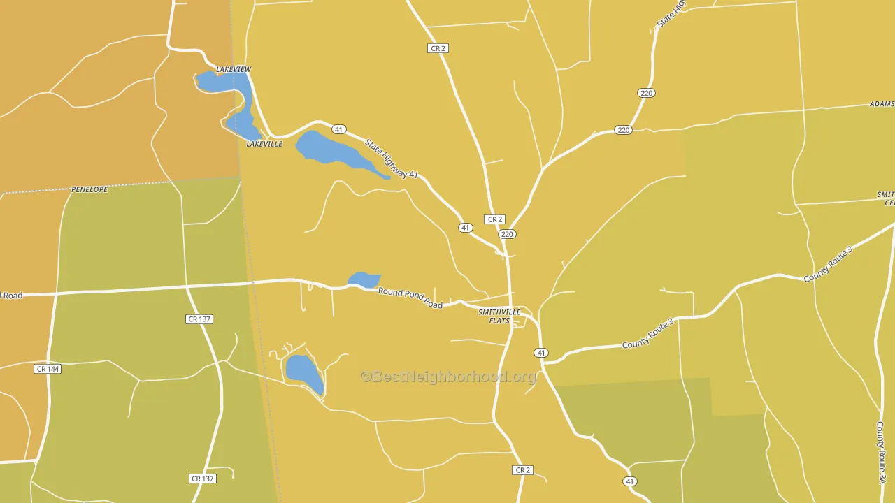 Map of the best neighborhoods in the Smithville Flats area, with better matches in green and worse matches in red